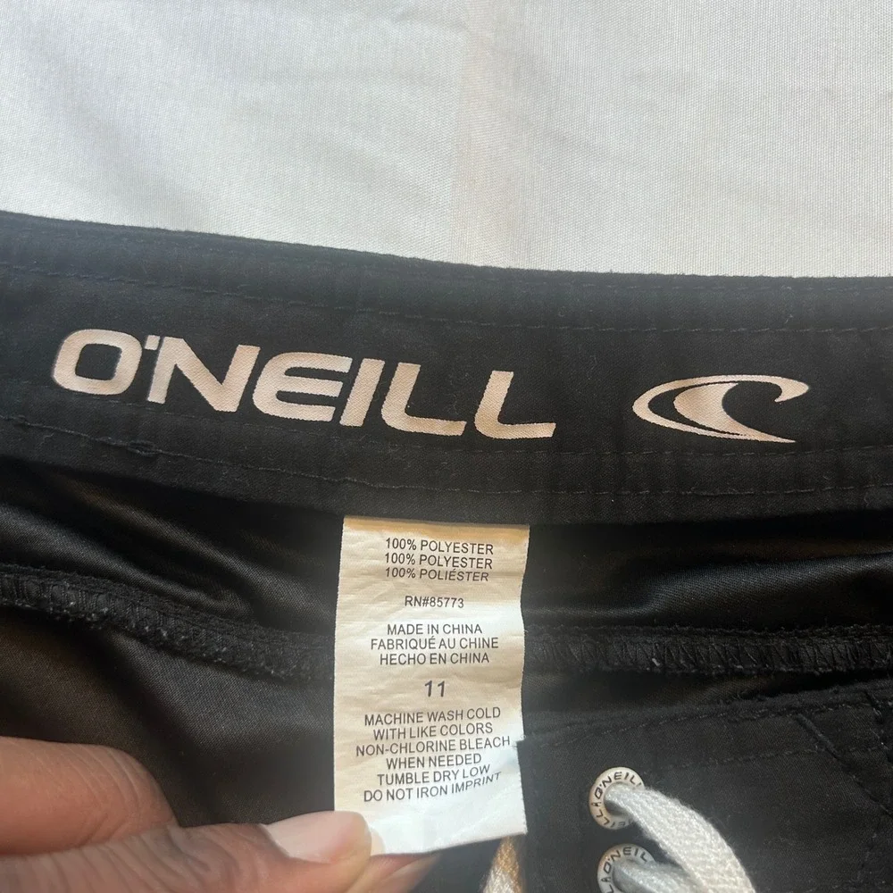 ONeill Mens Black Board Shorts Swim Trunks Size 11 Cargo Pocket White Piping
